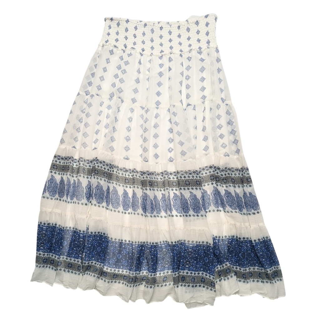 NWT Westport 1962 Dressbarn Maxi Skirt Women L White Blue Paisley Tiered Smocked
